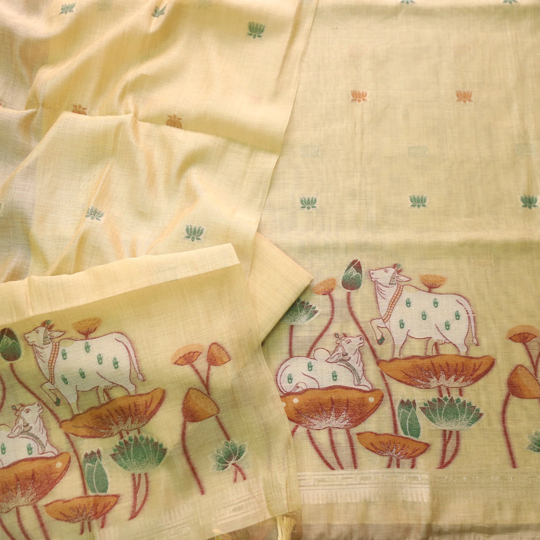 Contemporary Florals Yellow Muga Cotton Pichwai Jamdani Unstitched Suit Set
