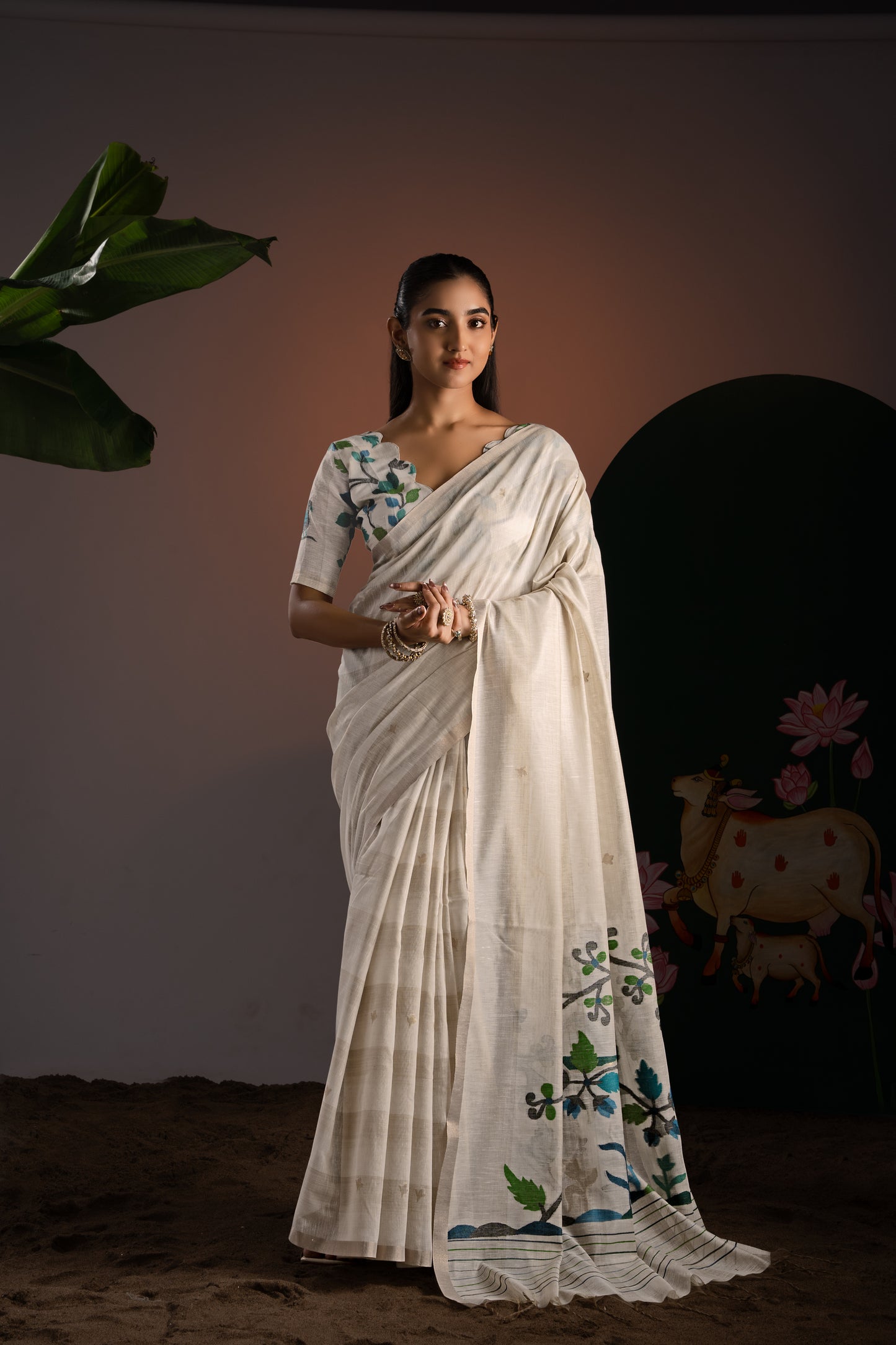 Amaya Off-White & Blue Premium Muga Cotton Saree With Unstitched Blouse Piece