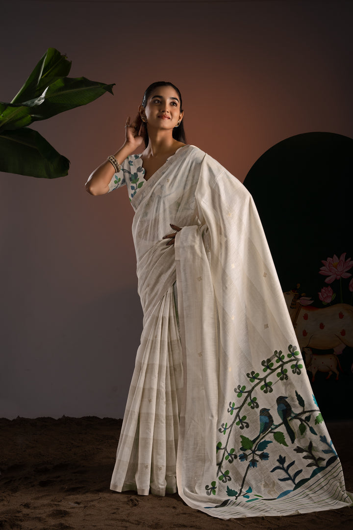 Amaya Off-White & Blue Premium Muga Cotton Saree With Unstitched Blouse Piece