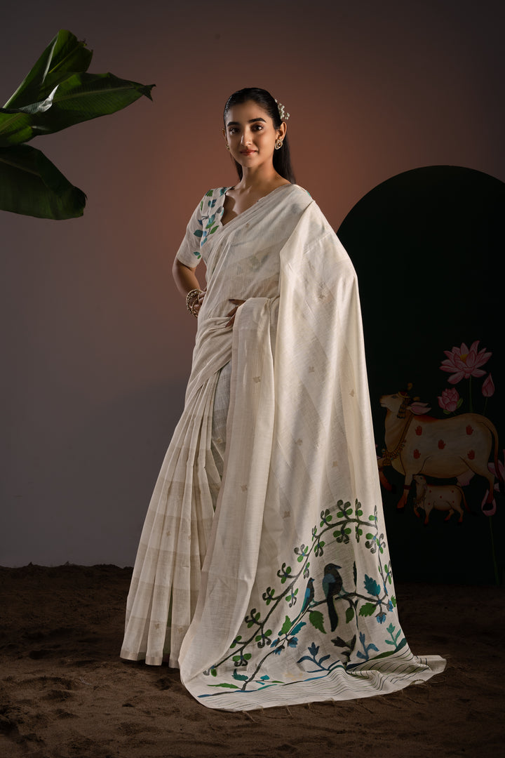 Amaya Off-White & Blue Premium Muga Cotton Saree With Unstitched Blouse Piece