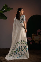 Amaya Off-White & Blue Premium Muga Cotton Saree With Unstitched Blouse Piece