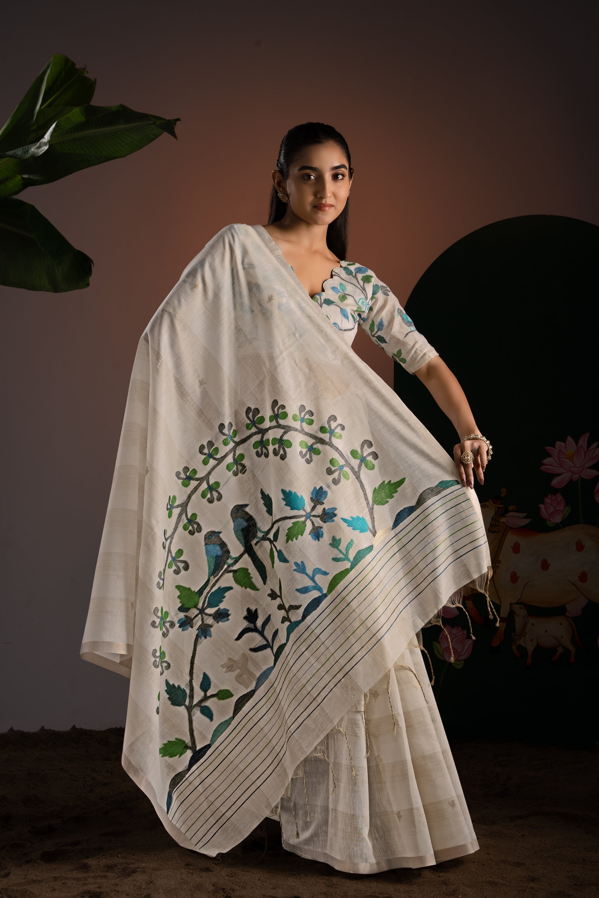 Amaya Off-White & Blue Premium Muga Cotton Saree With Unstitched Blouse Piece