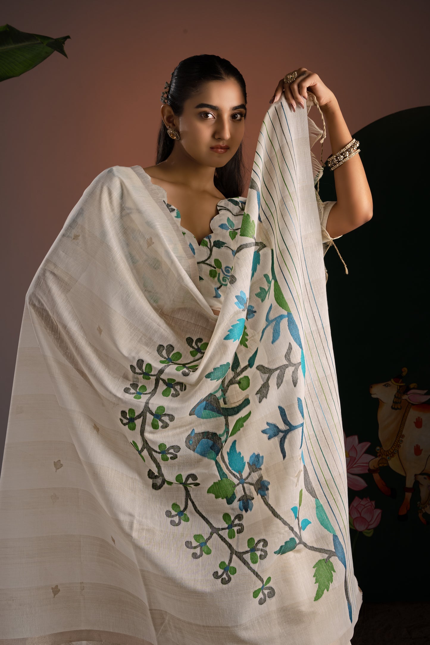 Amaya Off-White & Blue Premium Muga Cotton Saree With Unstitched Blouse Piece