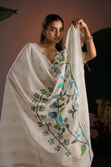 Amaya Off-White & Blue Premium Muga Cotton Saree With Unstitched Blouse Piece