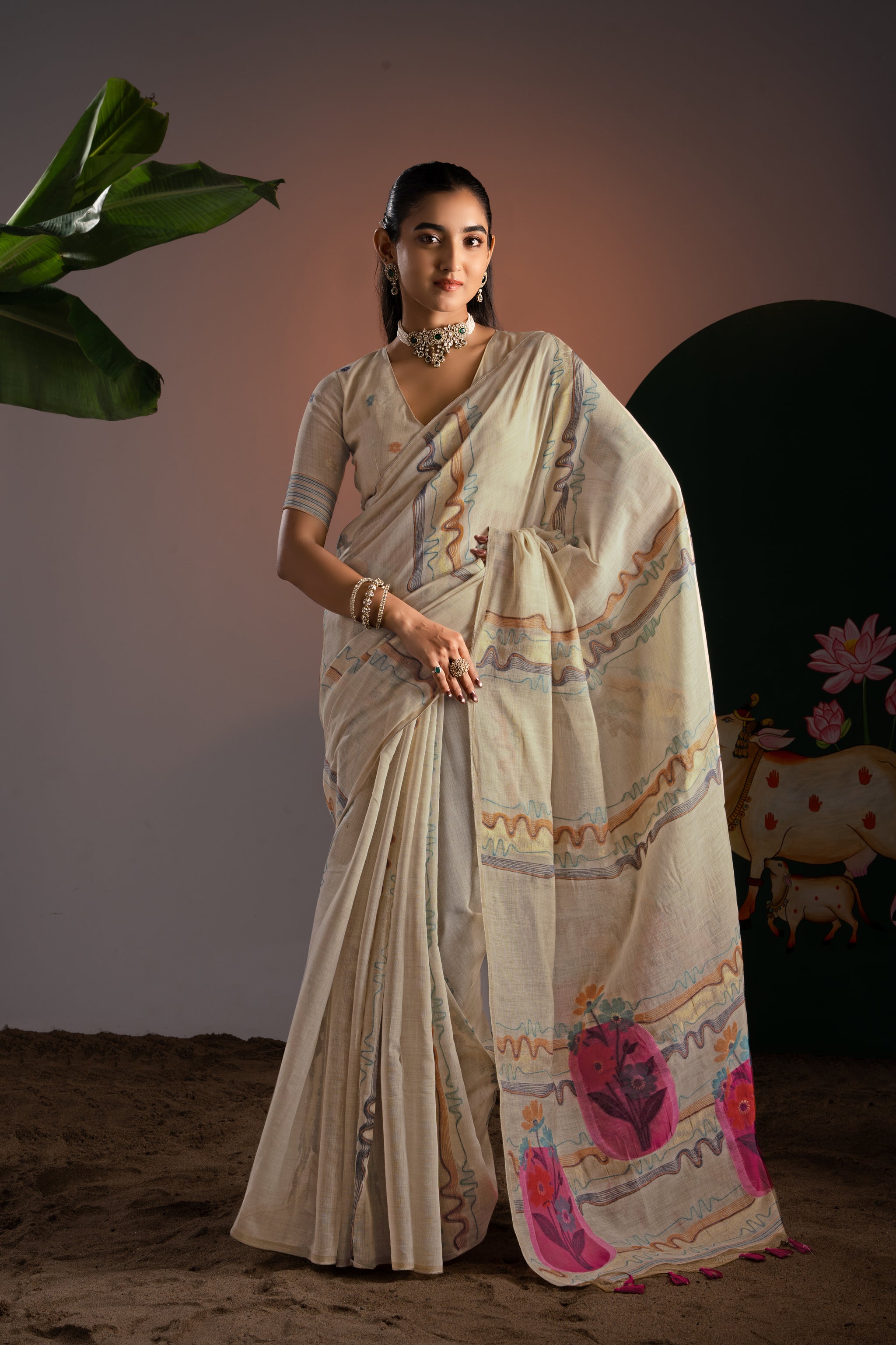 Elegance Beige & Pink Viscose Cotton Saree With Unstitched Blouse Piece
