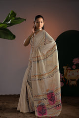 Elegance Beige & Pink Viscose Cotton Saree With Unstitched Blouse Piece