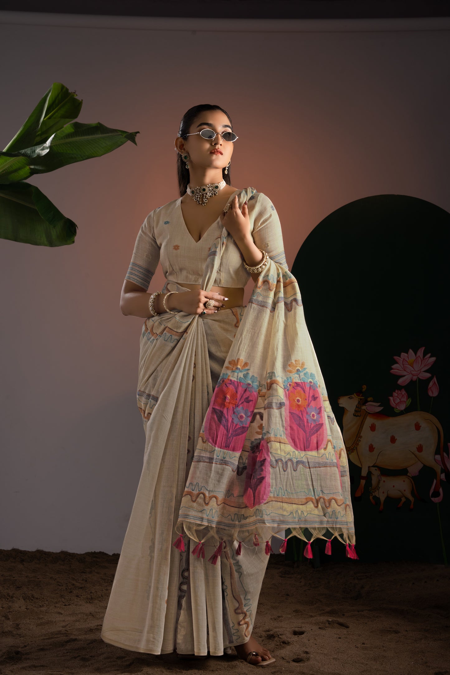 Elegance Beige & Pink Viscose Cotton Saree With Unstitched Blouse Piece