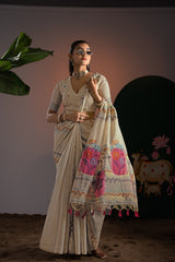 Elegance Beige & Pink Viscose Cotton Saree With Unstitched Blouse Piece