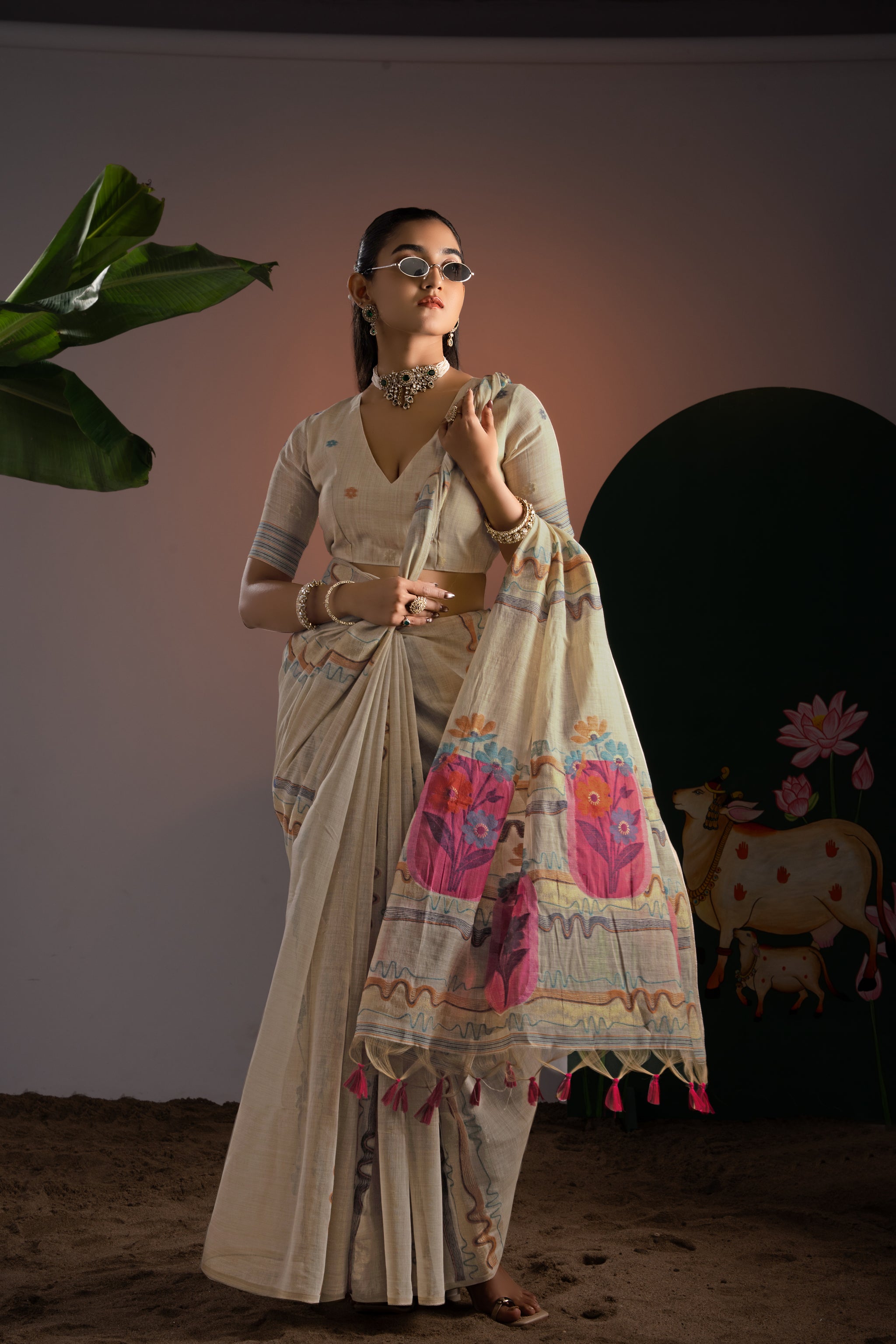 Elegance Beige & Pink Viscose Cotton Saree With Unstitched Blouse Piece