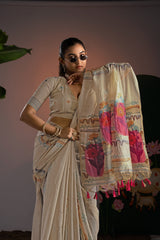 Elegance Beige & Pink Viscose Cotton Saree With Unstitched Blouse Piece