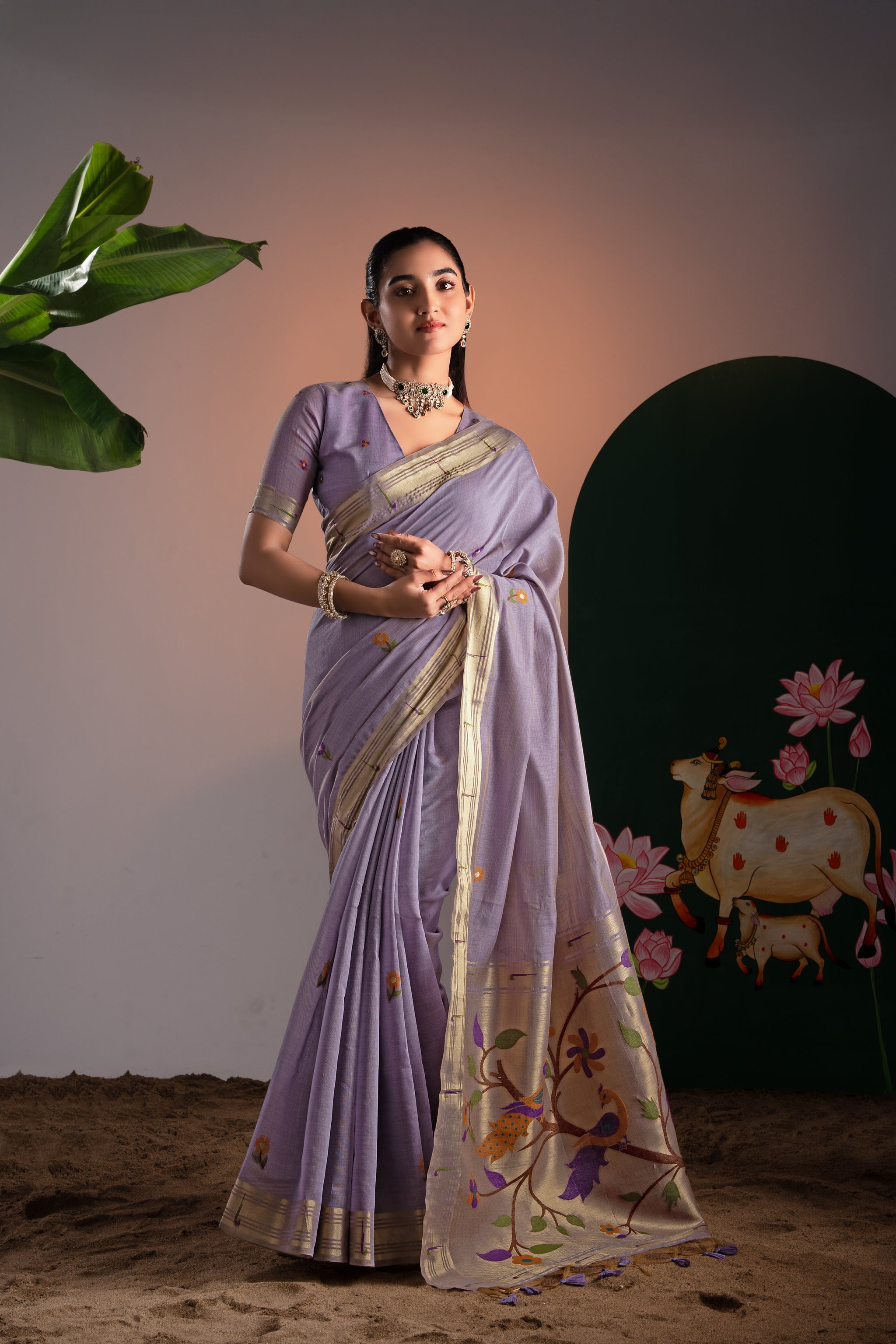 Kalakruti Lavender Paithani Muga Cotton Saree With Unstitched Blouse Piece
