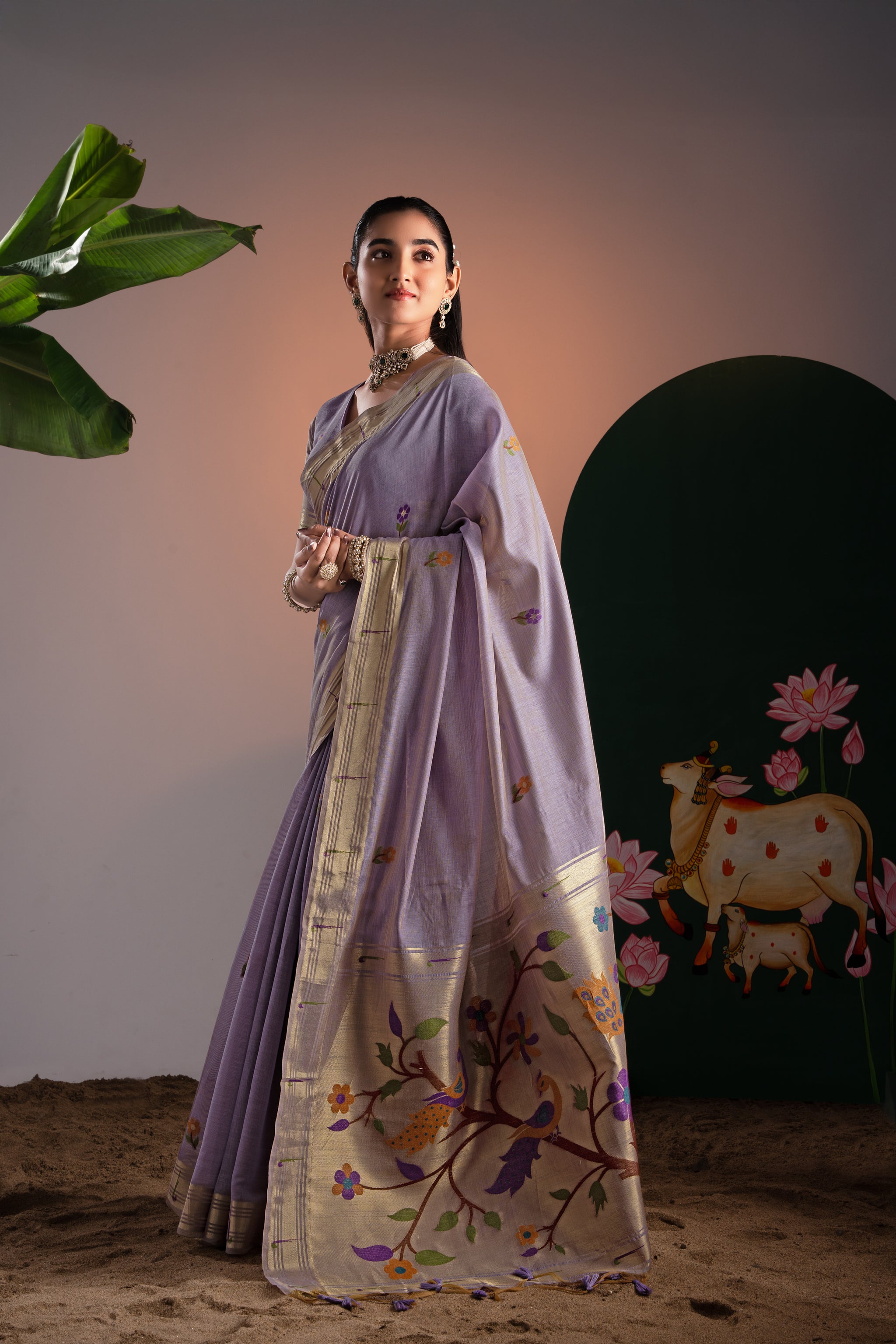 Kalakruti Lavender Paithani Muga Cotton Saree With Unstitched Blouse Piece