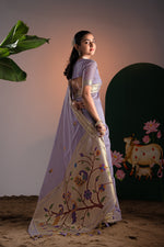 Load image into Gallery viewer, Kalakruti Lavender Paithani Muga Cotton Saree With Unstitched Blouse Piece