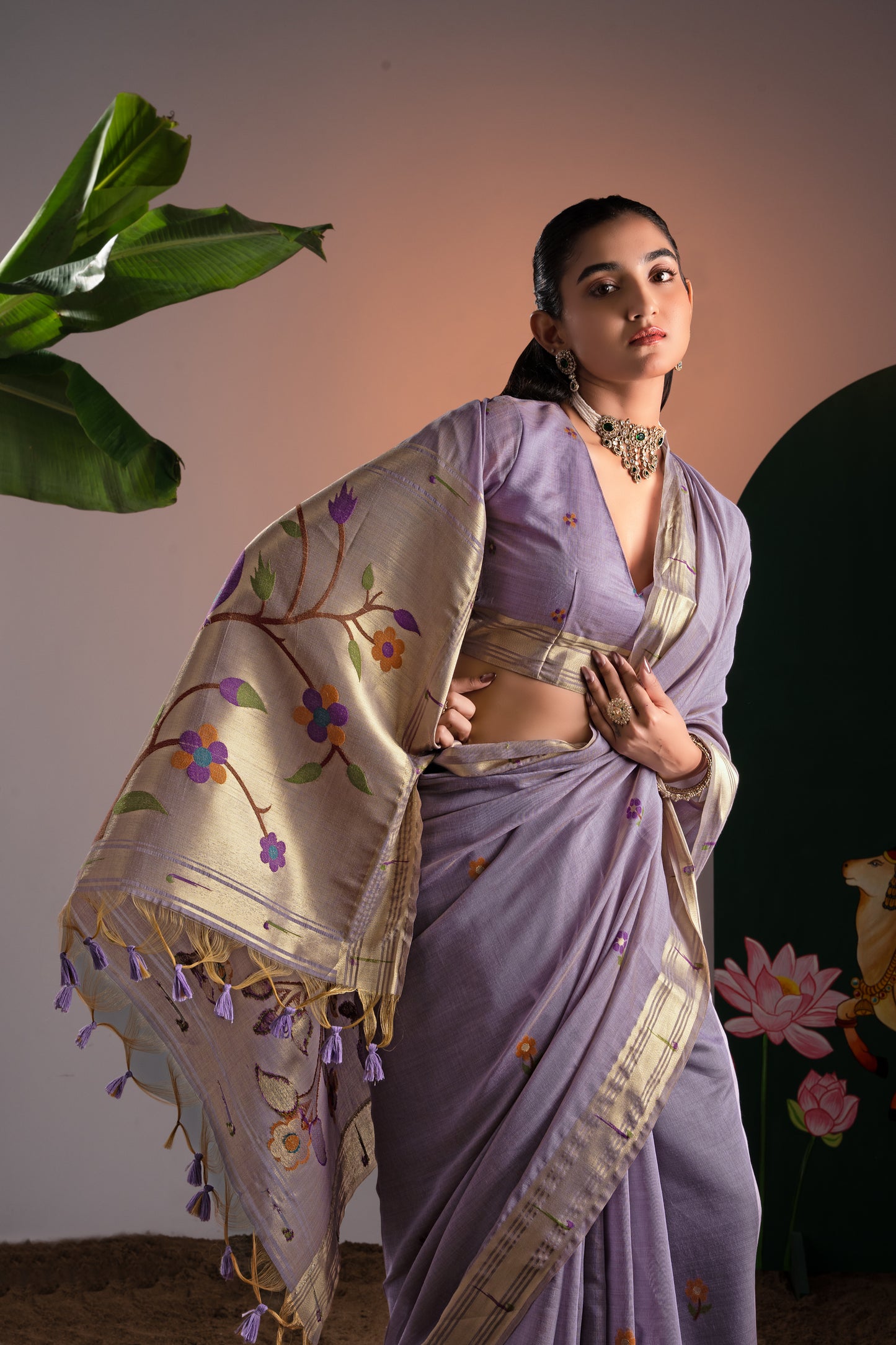 Kalakruti Lavender Paithani Muga Cotton Saree With Unstitched Blouse Piece