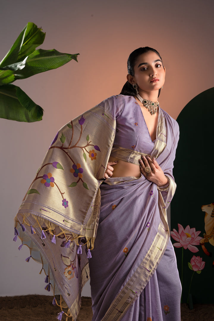 Kalakruti Lavender Paithani Muga Cotton Saree With Unstitched Blouse Piece