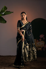 Rucha Black Muga Cotton Saree With Unstitched Blouse Piece