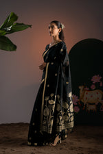 Load image into Gallery viewer, Rucha Black Muga Cotton Saree With Unstitched Blouse Piece