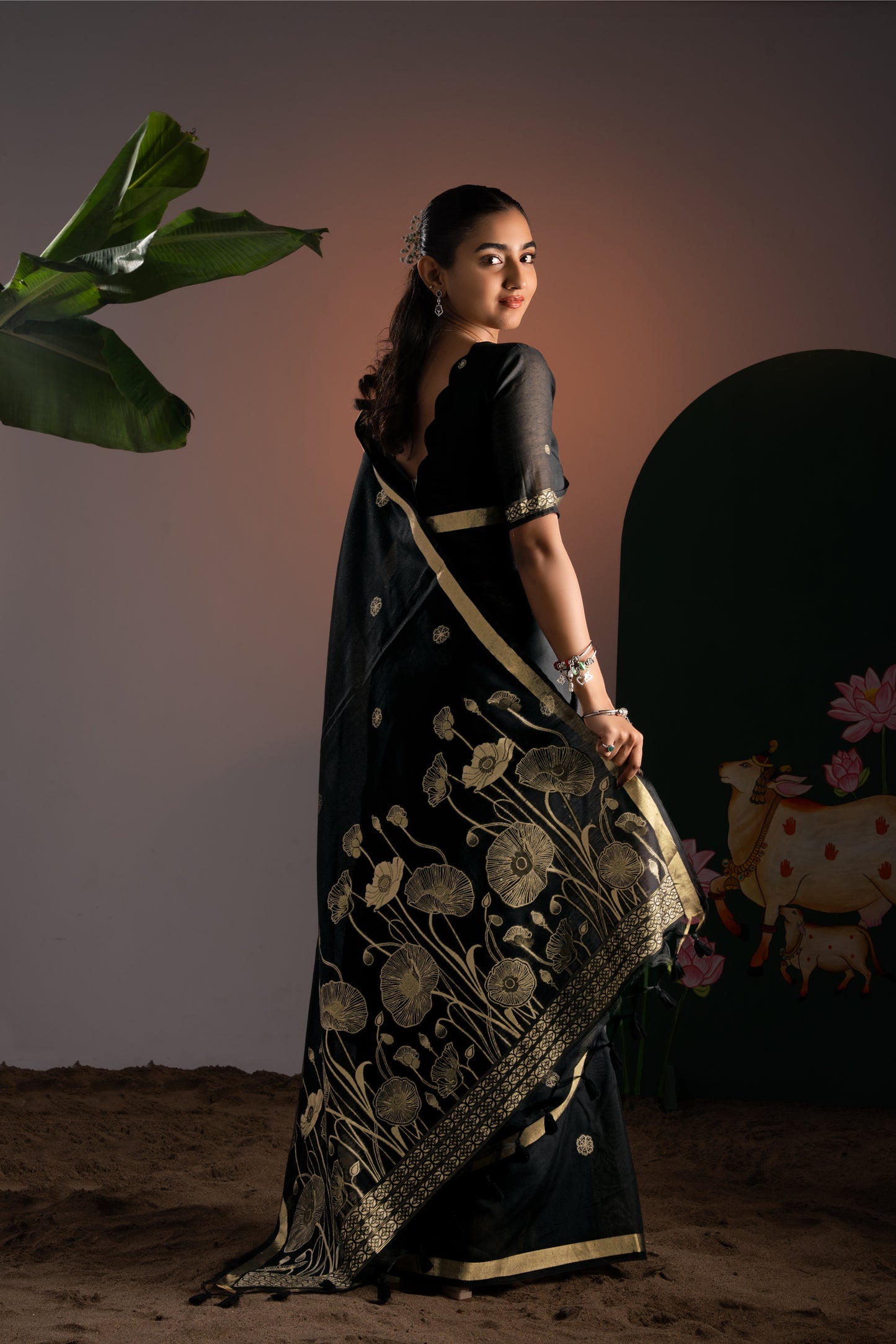 Rucha Black Muga Cotton Saree With Unstitched Blouse Piece
