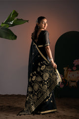 Rucha Black Muga Cotton Saree With Unstitched Blouse Piece