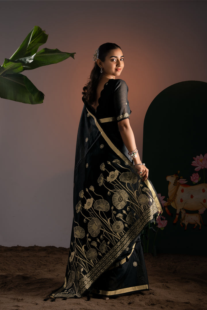 Rucha Black Muga Cotton Saree With Unstitched Blouse Piece