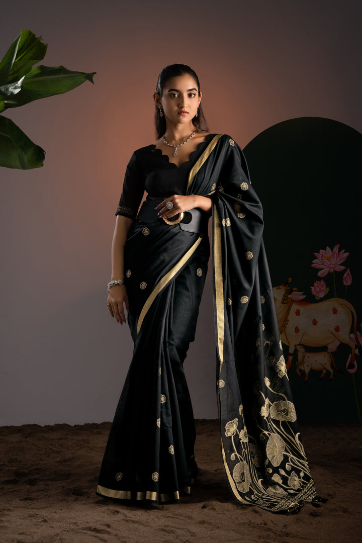 Rucha Black Muga Cotton Saree With Unstitched Blouse Piece