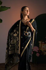 Load image into Gallery viewer, Rucha Black Muga Cotton Saree With Unstitched Blouse Piece