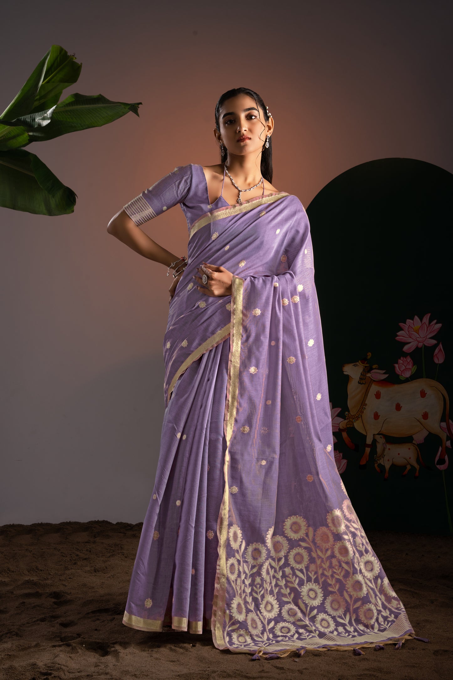 Trinay Lavender Muga Cotton Saree With Unstitched Blouse Piece