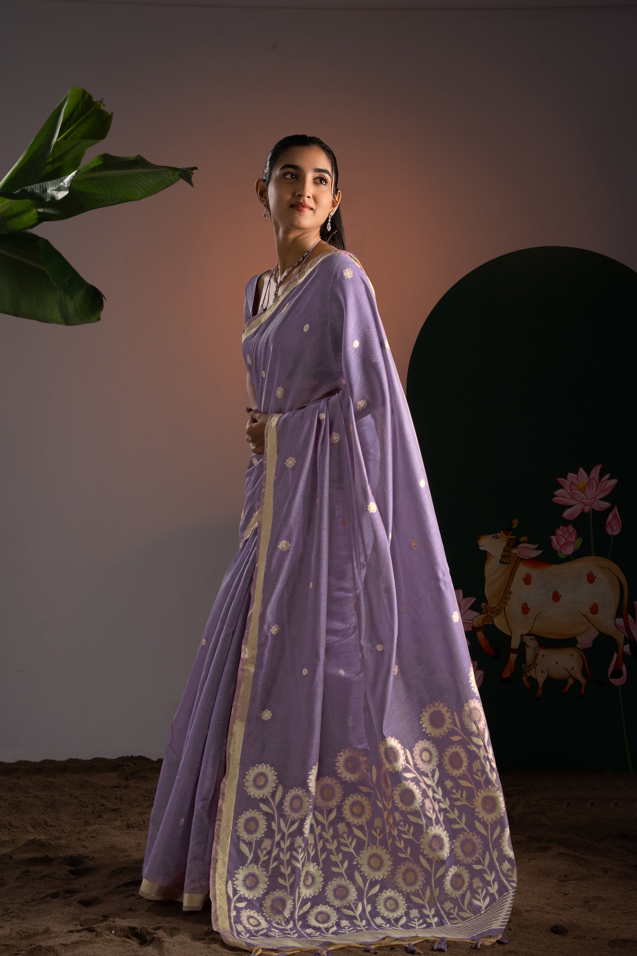 Trinay Lavender Muga Cotton Saree With Unstitched Blouse Piece