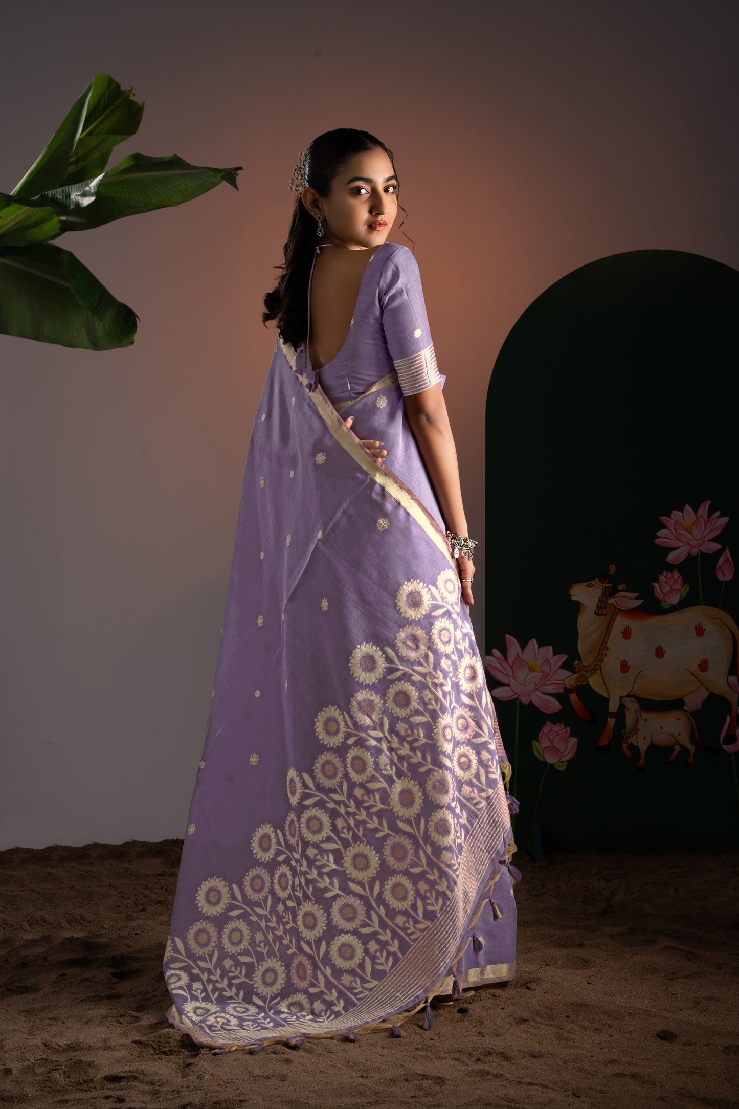 Trinay Lavender Muga Cotton Saree With Unstitched Blouse Piece