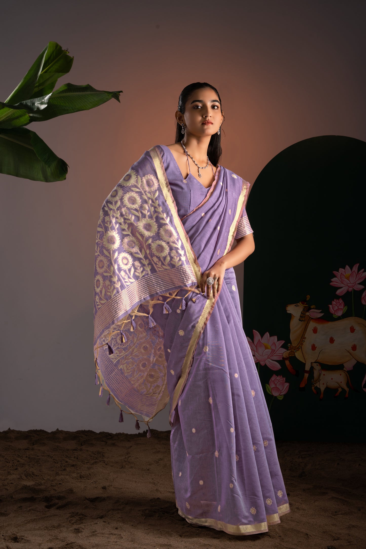Trinay Lavender Muga Cotton Saree With Unstitched Blouse Piece