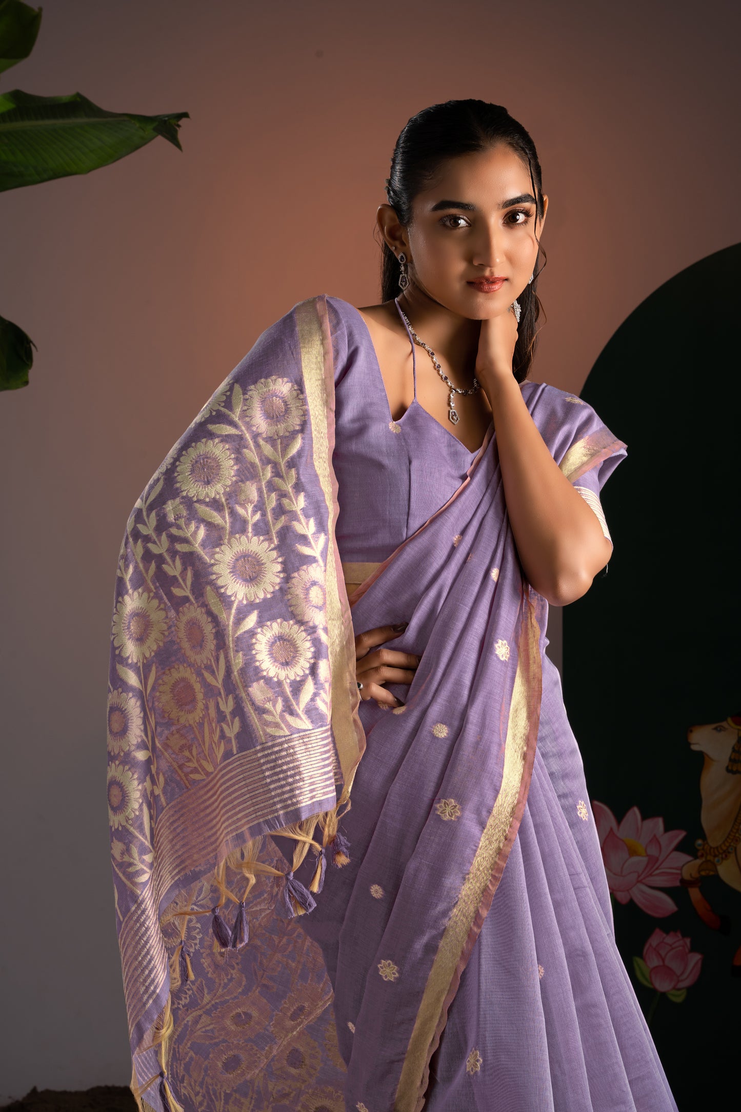 Trinay Lavender Muga Cotton Saree With Unstitched Blouse Piece