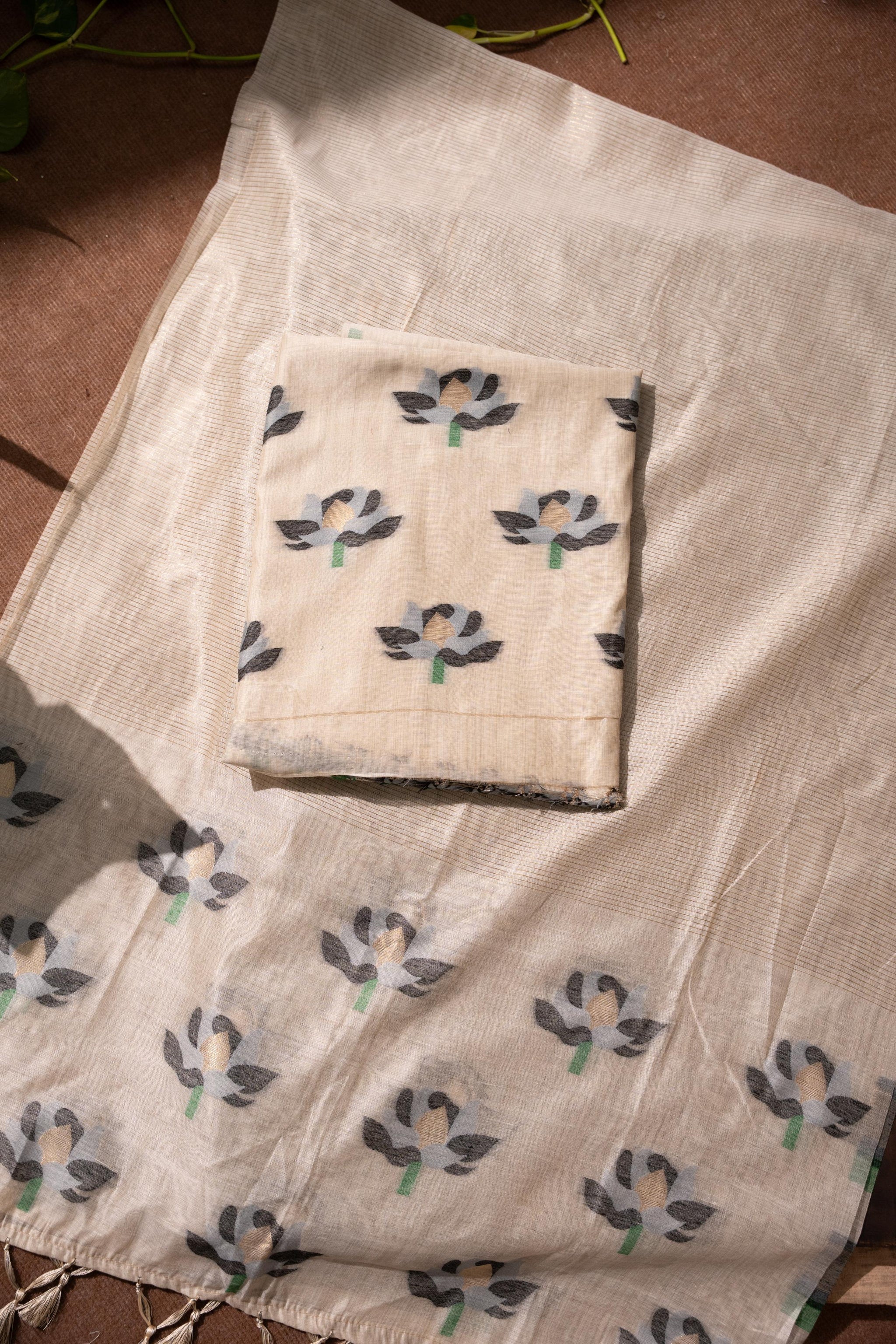 Simply Floral Beige & Black Cotton Unstitched Suit Set