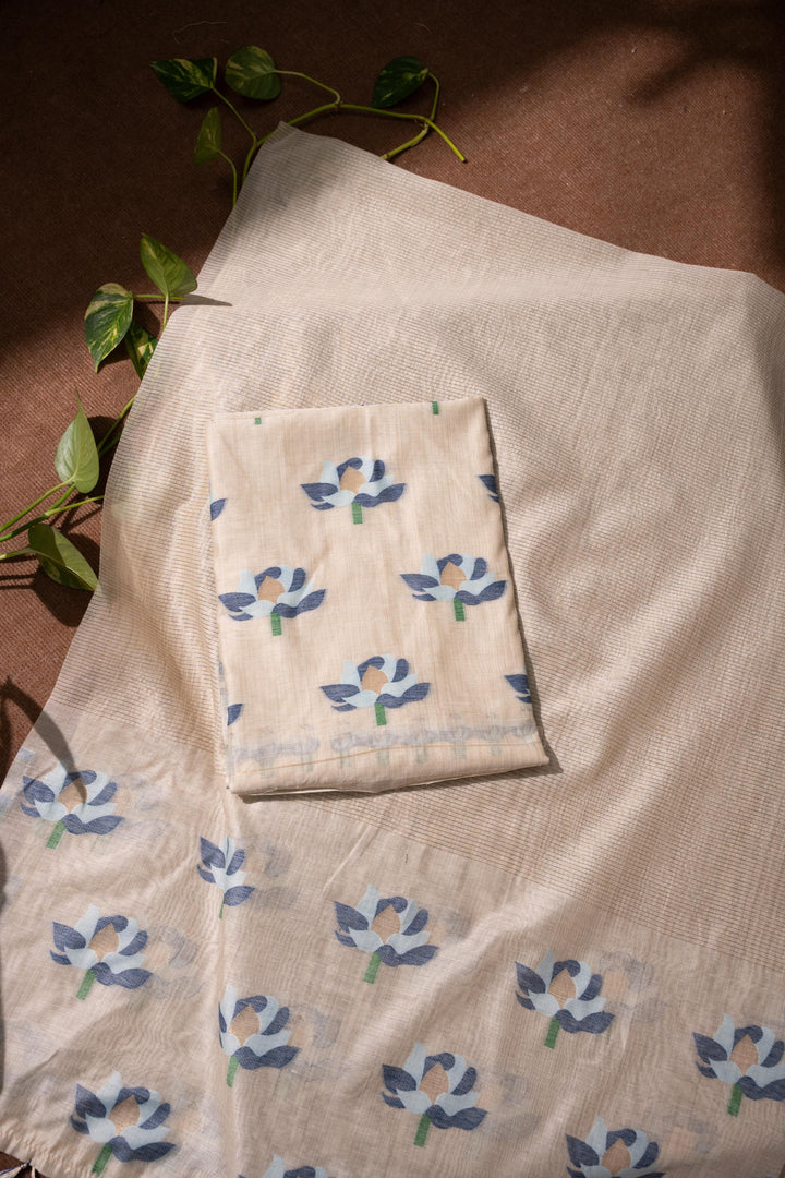 Simply Floral Beige & Navy Cotton Unstitched Suit Set