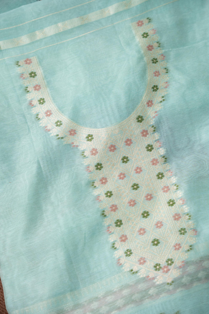 Sculpted Simplicity Aqua Blue Muga Cotton Unstitched Suit Set