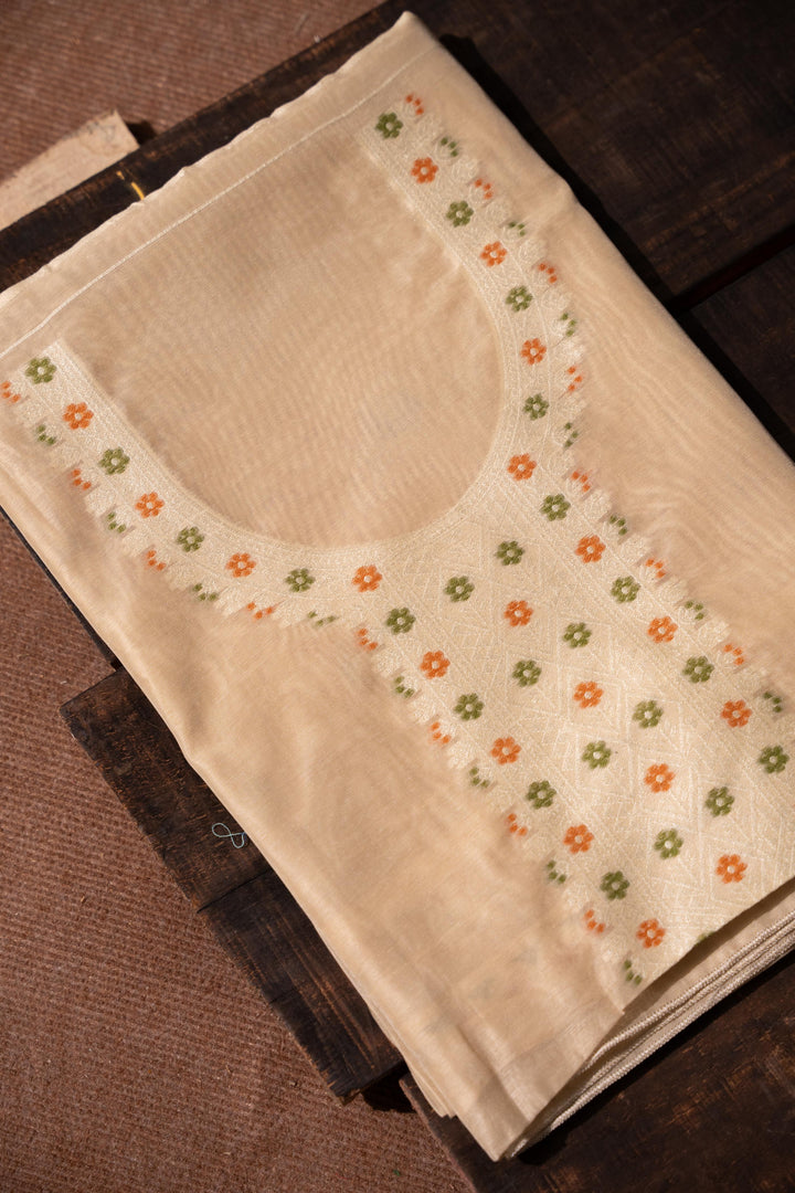 Sculpted Simplicity Beige Muga Cotton Unstitched Suit Set