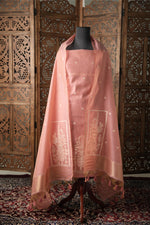 Load image into Gallery viewer, Elysian Weaves Pink Jamdani Muga Cotton Unstitched Suit Set
