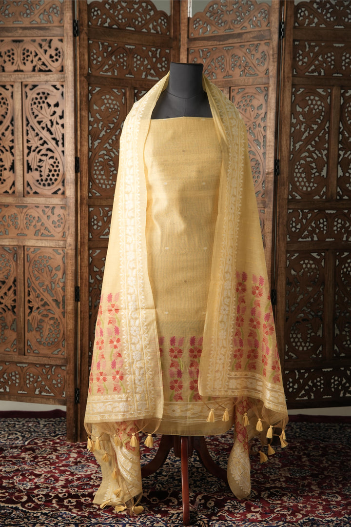 Threads & Tales Yellow Jamdani Muga Cotton Unstitched Suit Set