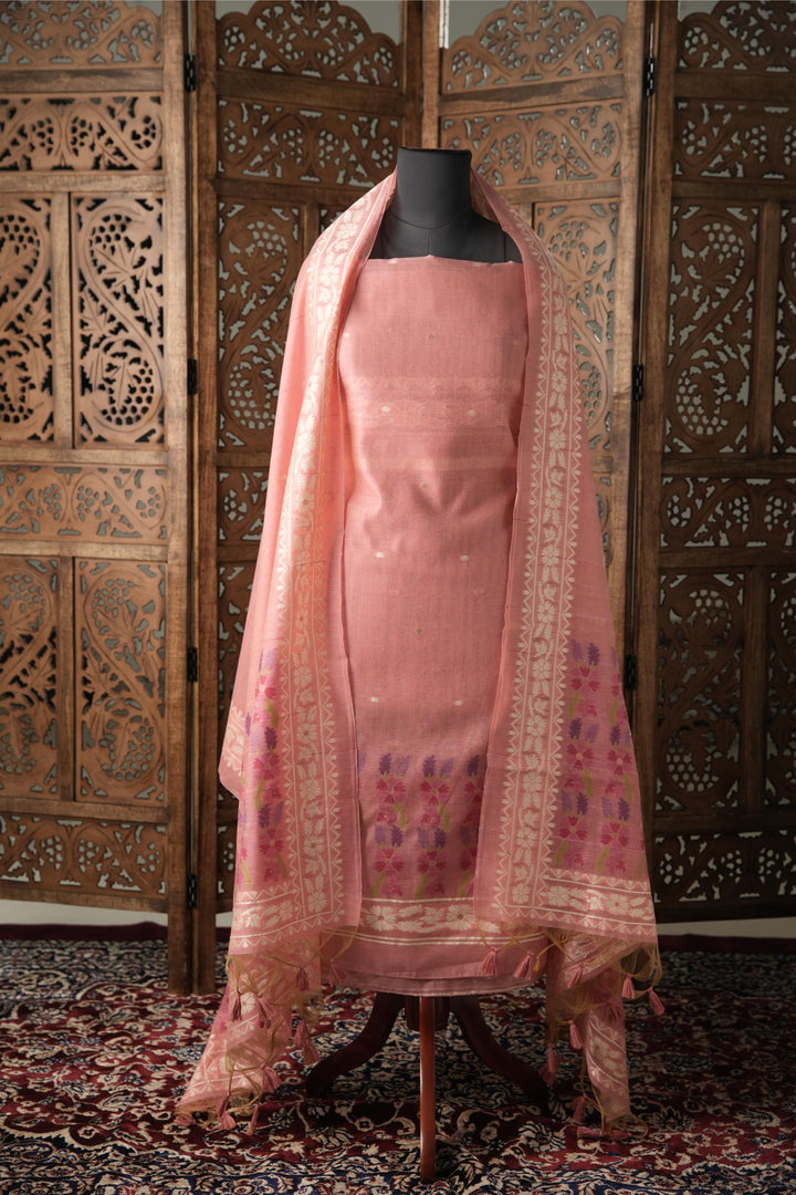 Threads & Tales Pink Jamdani Muga Cotton Unstitched Suit Set