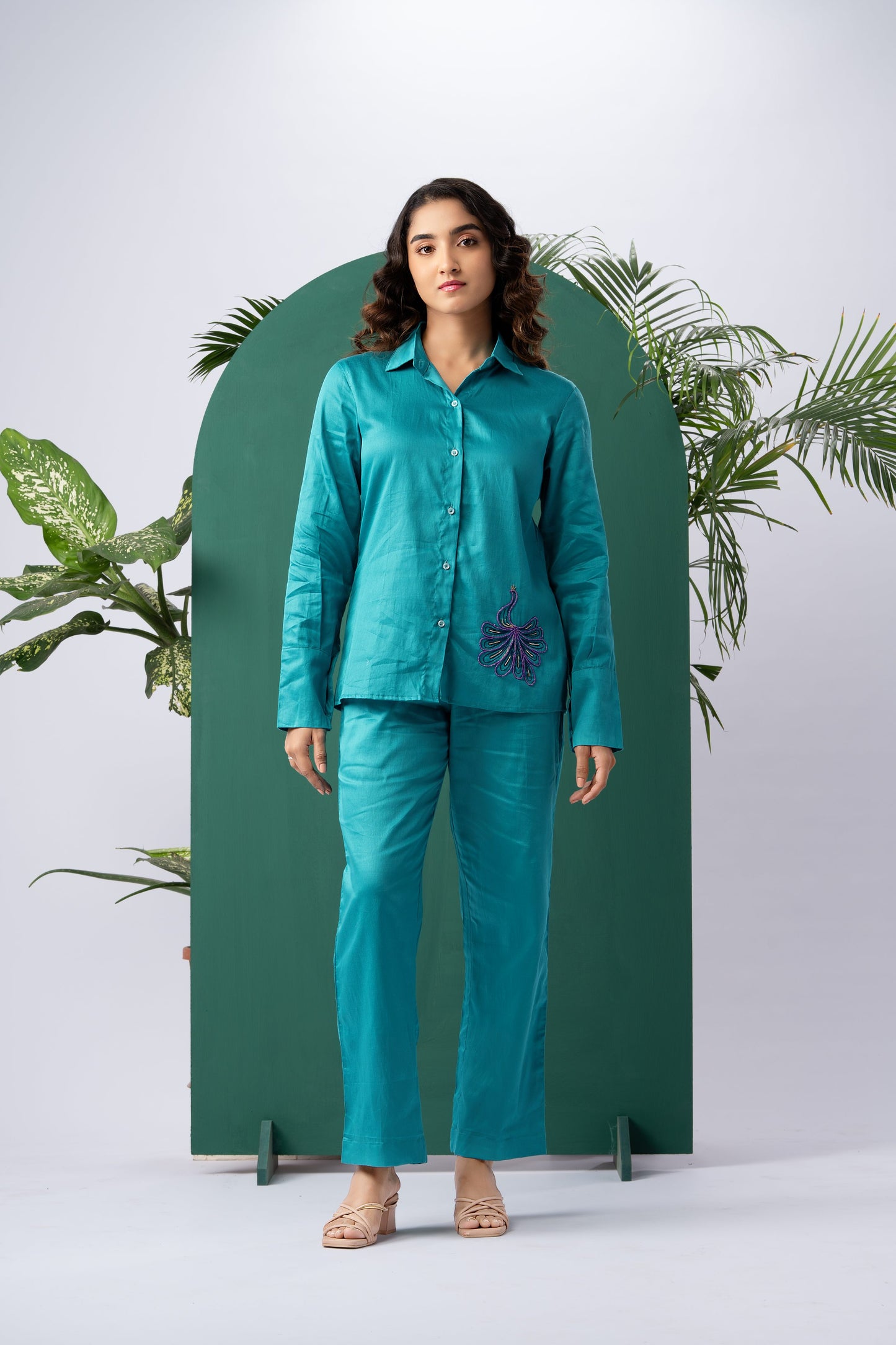 Mystic Peacock Cotton Satin Co-ord Set