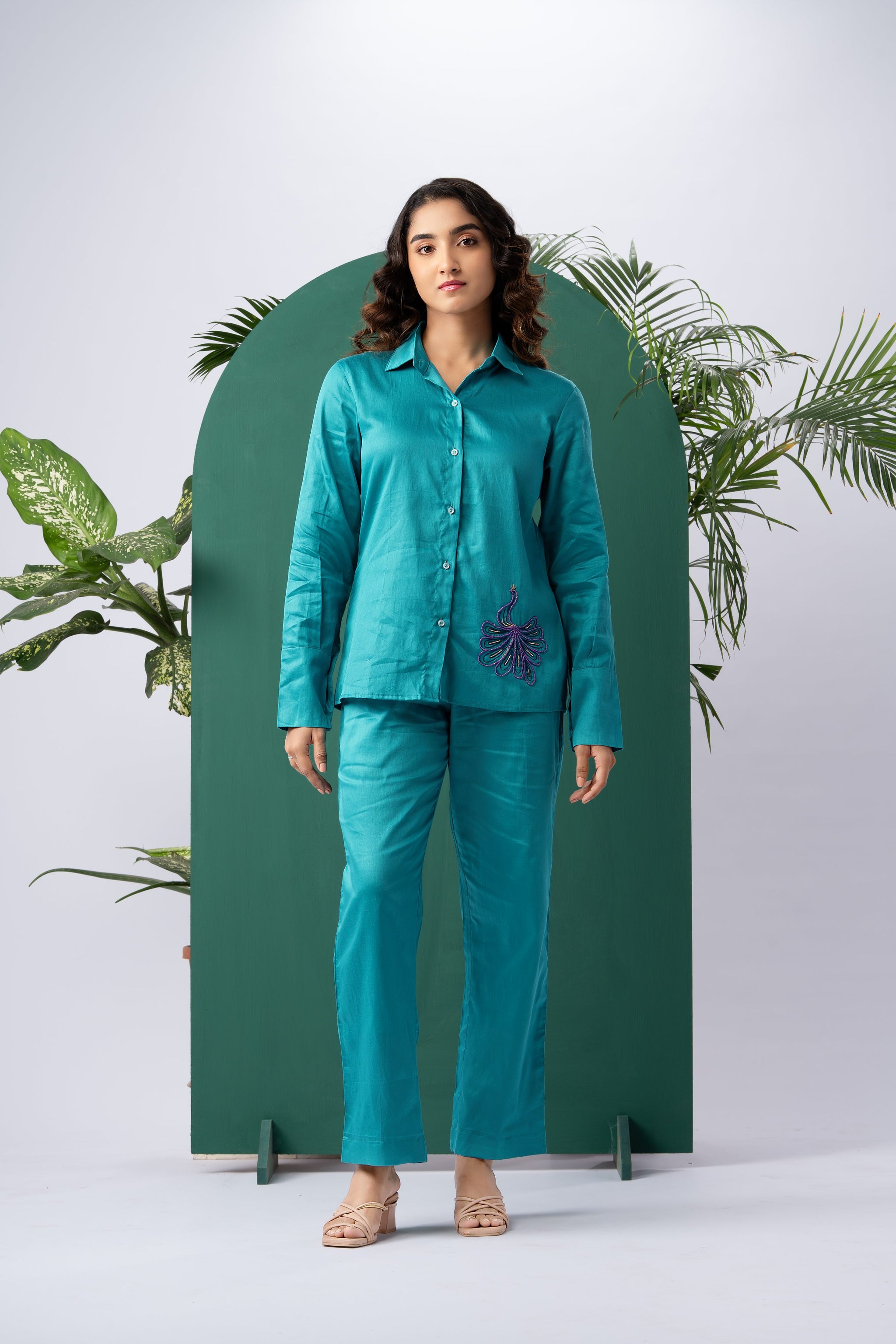 Mystic Peacock Cotton Satin Co-ord Set