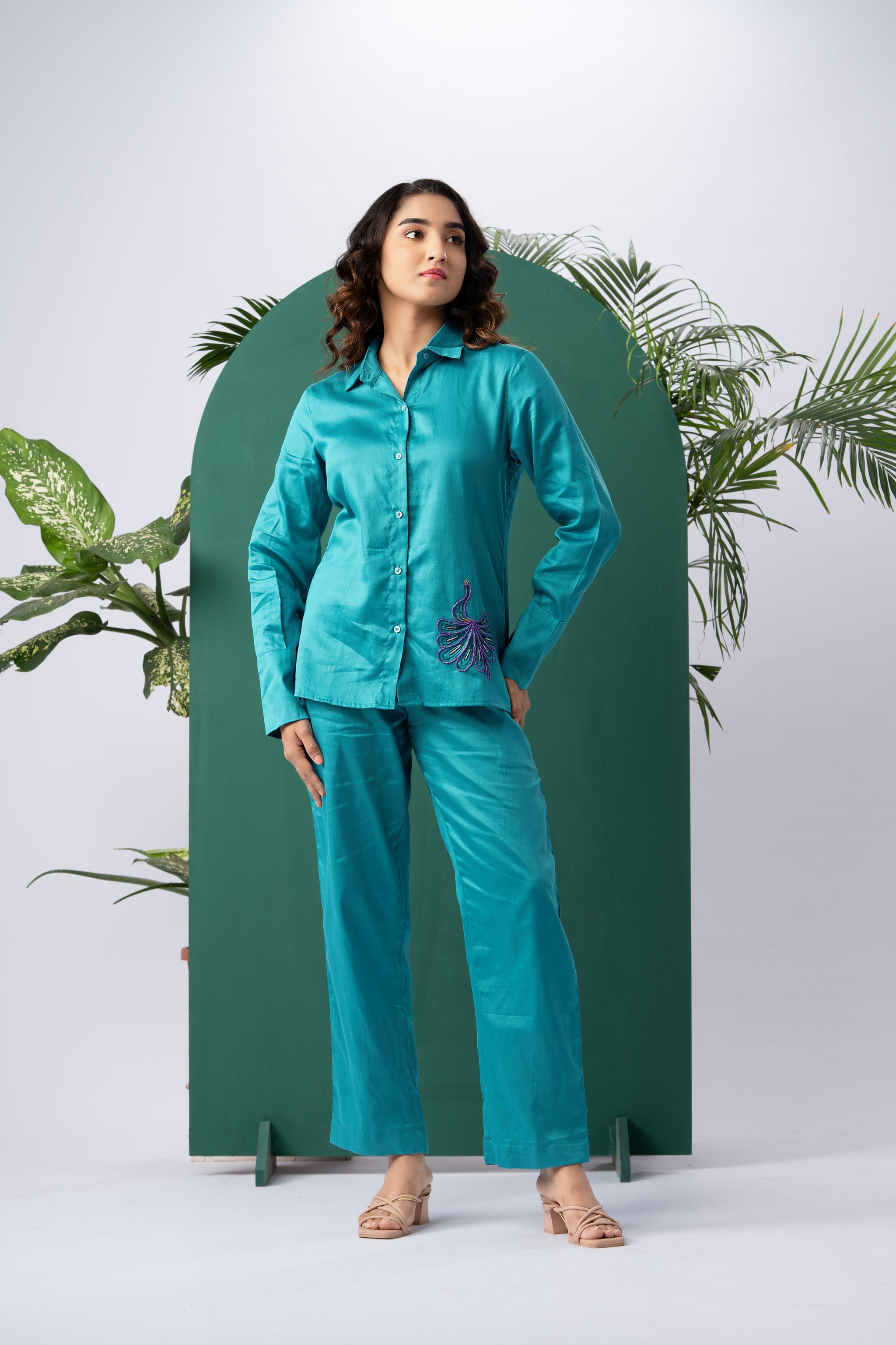 Mystic Peacock Cotton Satin Co-ord Set