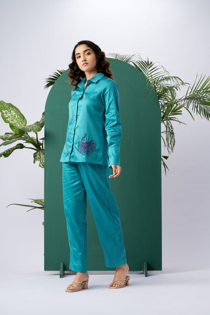 Mystic Peacock Cotton Satin Co-ord Set