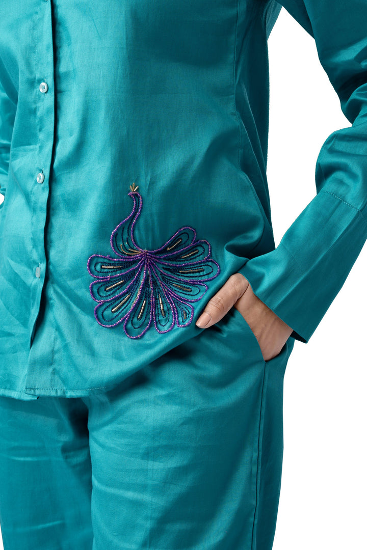 Mystic Peacock Cotton Satin Co-ord Set