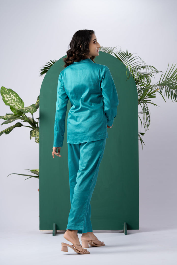 Mystic Peacock Cotton Satin Co-ord Set