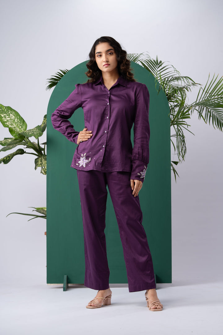 Purple Bloom Cotton Satin Co-ord Set