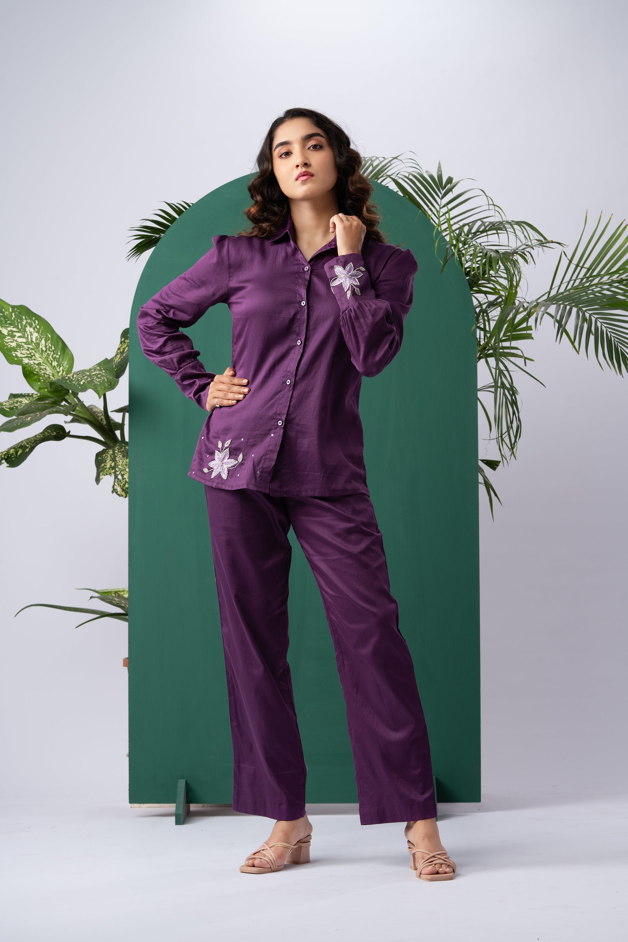 Purple Bloom Cotton Satin Co-ord Set