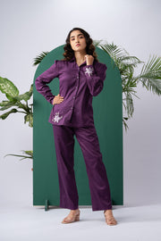 Purple Bloom Cotton Satin Co-ord Set