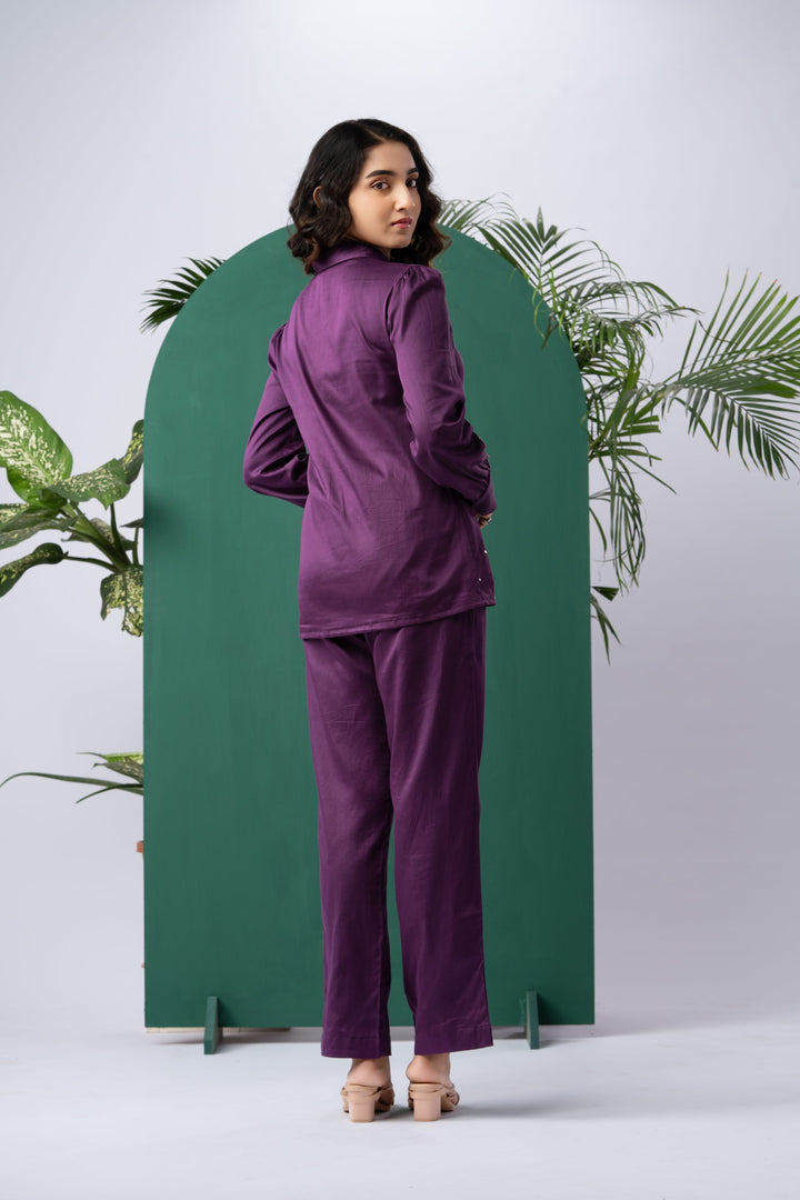 Purple Bloom Cotton Satin Co-ord Set
