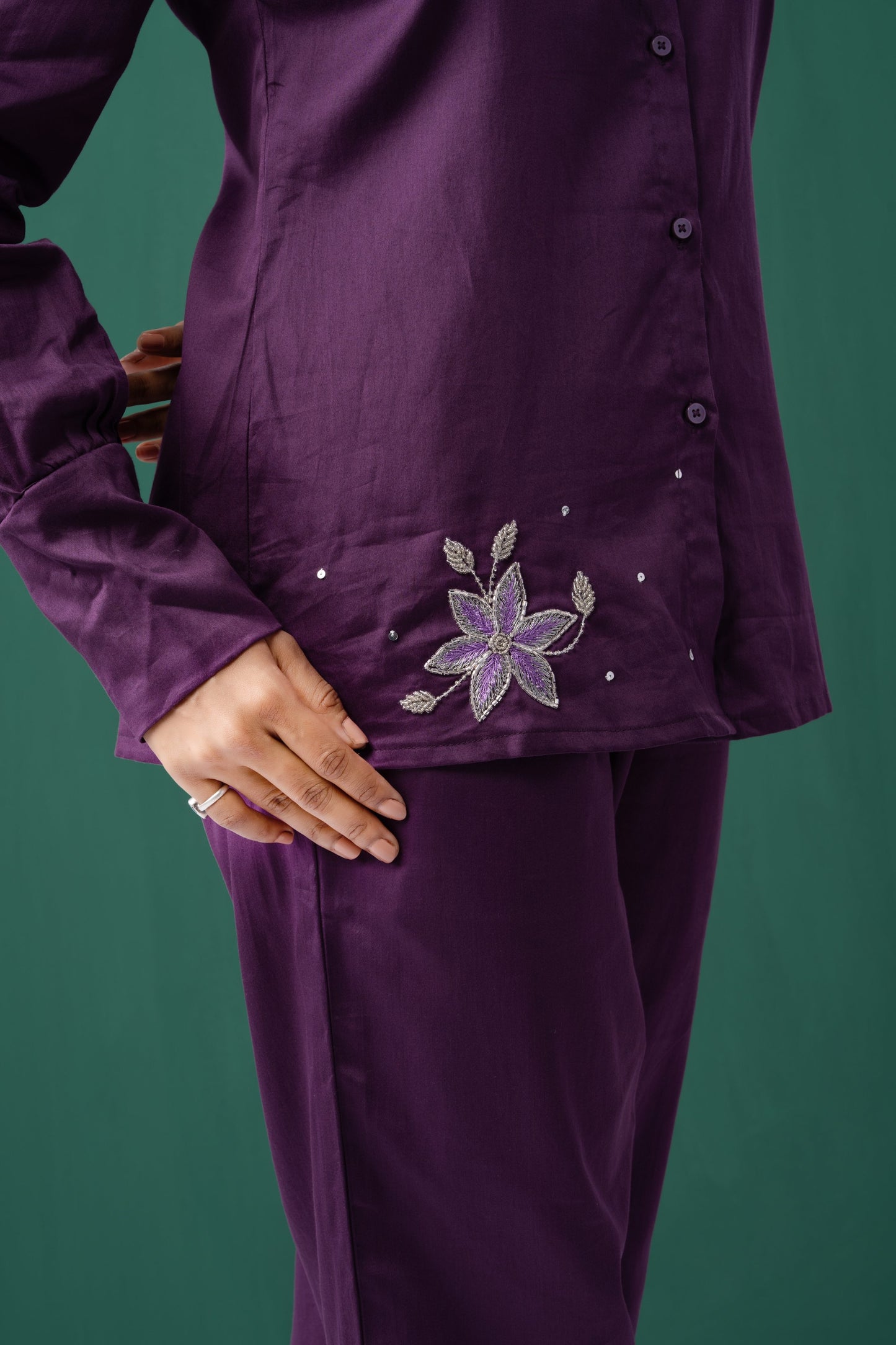 Purple Bloom Cotton Satin Co-ord Set