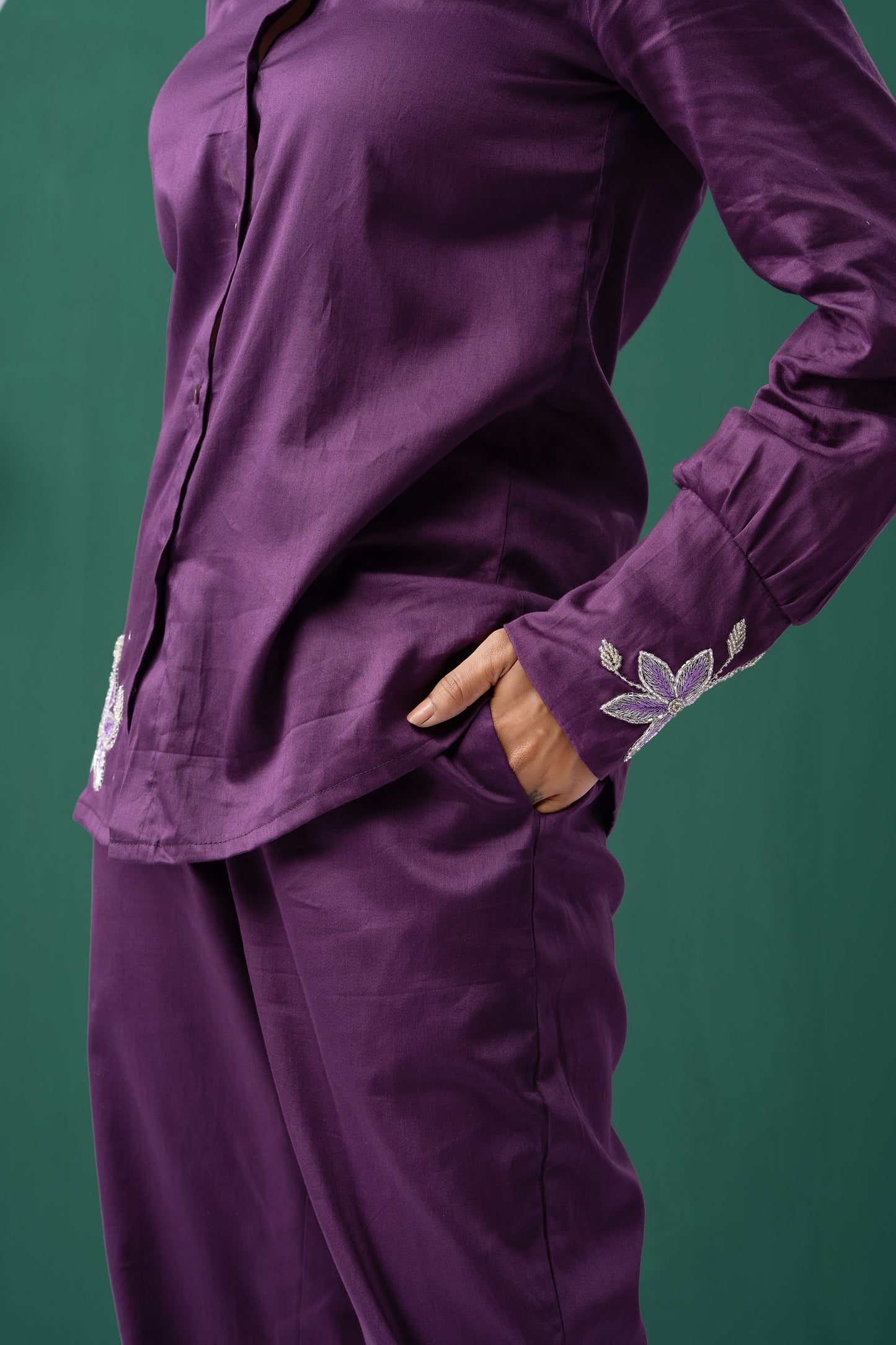 Purple Bloom Cotton Satin Co-ord Set